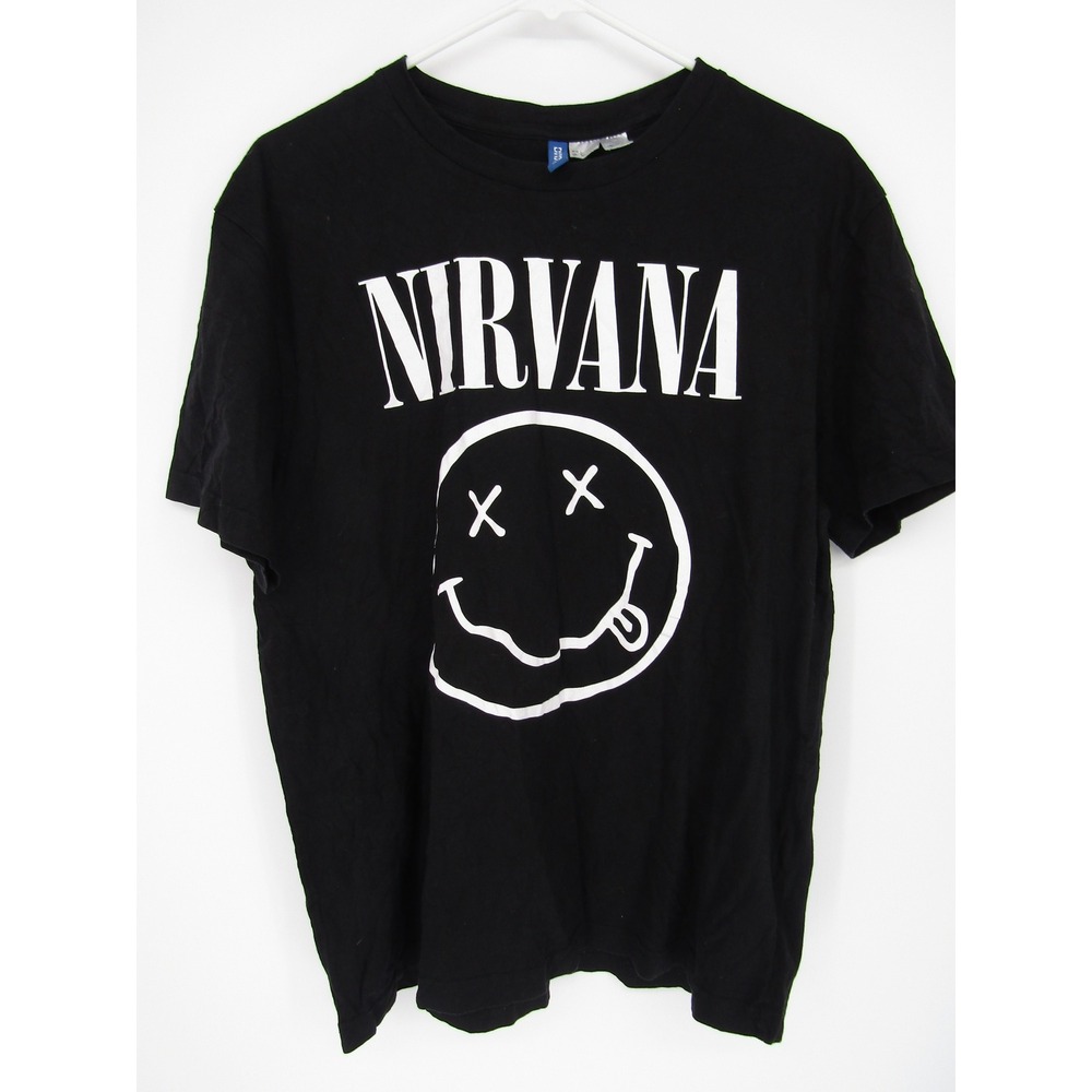 H&M Nirvana Graphic T-Shirt Mens Large Black Smiley Face Band Tee Shirt